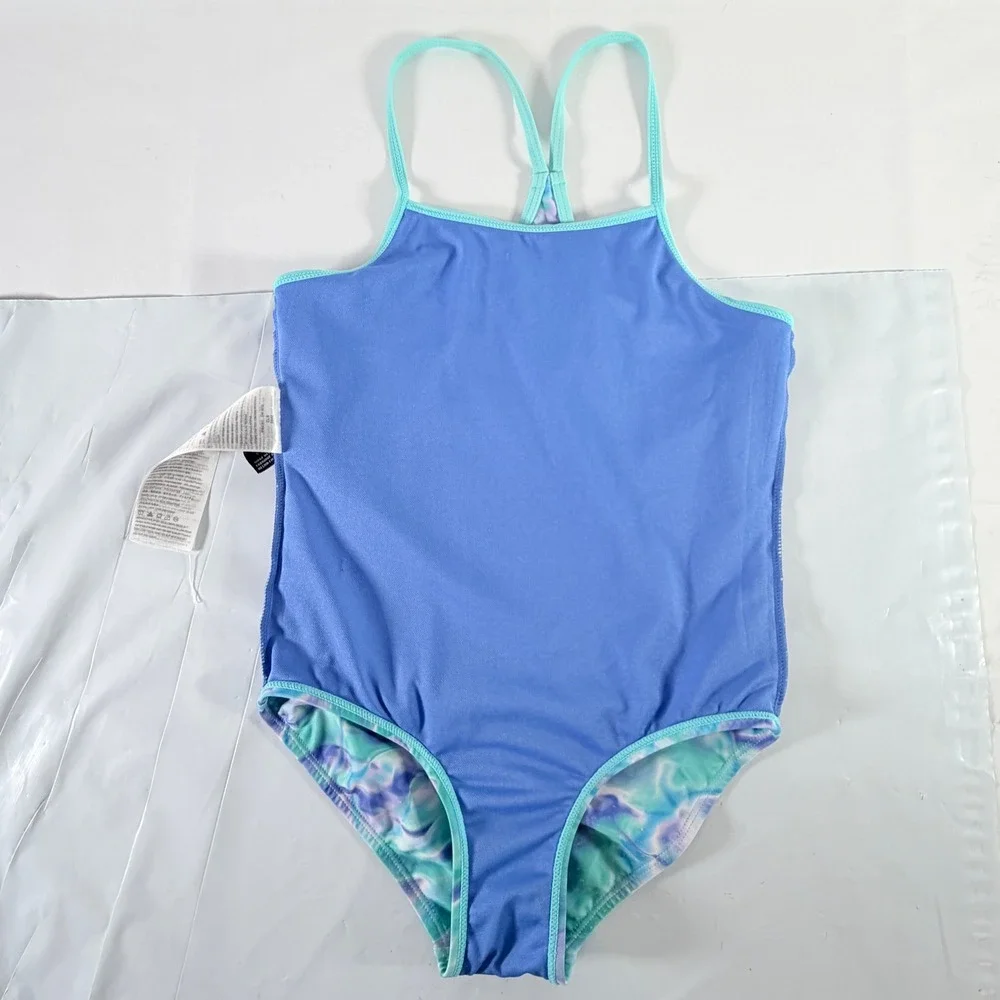 Hurley Girls Tie Dye One‎ Piece Swimsuit Silver Heart Logo Size 7/8 Blue Green